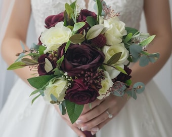 Dark Red Rose & Peony Wedding Bouquet: Handmade Silk Flower Bridal Bouquet
