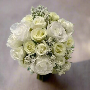 White & Ivory Rose Bridal Bouquet: Artificial Silk Wedding Flowers