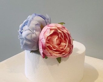 Pink & Blue Peonies Cake Topper - Artificial Silk Flowers For Gender Reveal Wedding Anniversary Birthday | Claire De Fleurs