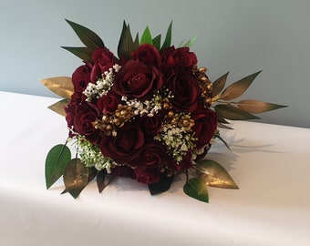 Red and Gold Wedding Bridal Bouquet Wedding Flowers - Artificial Silk Flowers  | Claire De Fleurs