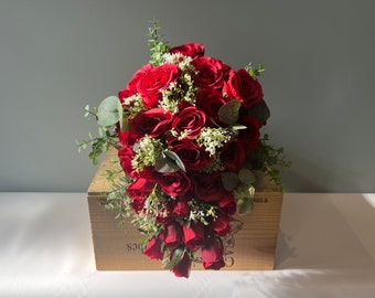 Red Rose Tear Drop /Cascade Bouquet - Artificial Silk Flowers For Wedding Anniversary Birthday | Claire De Fleurs