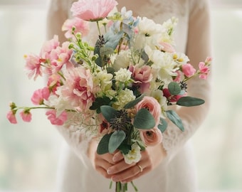 Wildflower Pink & Ivory Bridal Bouquet – Handmade Silk Wedding Flowers