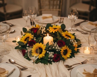 Floral wreath with sunflowers, red roses, and greenery (one wreath)