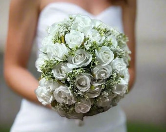Ivory Rose Bridal Bouquet: Silk Wedding Flowers, Gypsophila