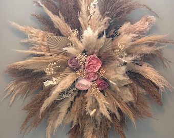 Pampas Flower Wall Decor: Cream & Pink Boho Dried Flowers
