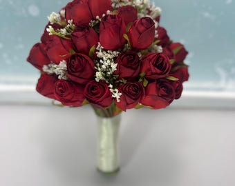 Handmade Red Silk Rose Bouquet: Wedding Anniversary Flowers