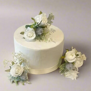 Fiori di cardo viola e rosa bianca per torte - Fiori artificiali in seta per battesimo, matrimonio, anniversario, compleanno / Claire De Fleurs