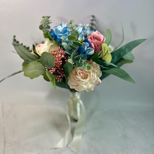 Artificial Dusty Blue, Blush Pink and Ivory Rose And Hydrangea Wedding Bridal Bouquet -  Wedding Keepsake Flowers | Claire De Fleurs