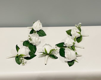White Rose Boutonniere Buttonhole - Artificial Silk Flowers For Wedding | Claire De Fleurs