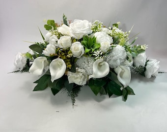 Artificial White Silk Casket Spray Coffin Topper Funeral Flowers Memorial Flowers- Claire De Fleurs
