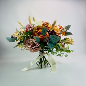 Orange Silk Wedding Bouquet: Ivory, Green Roses & Eucalyptus