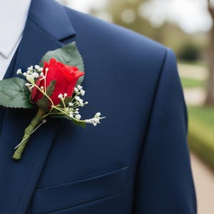 Red Rose Boutonniere Buttonhole - Artificial Silk Flowers For Wedding | Claire De Fleurs