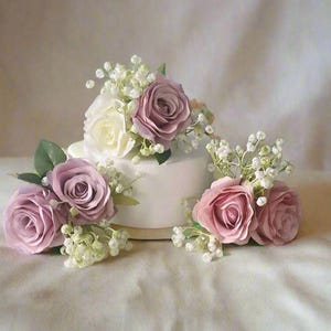 Lilac and Pink Blush Flower Cake Topper - Artificial Silk Flowers For Wedding Anniversary Birthday | Claire De Fleurs