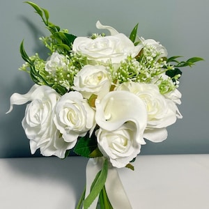 White Rose, lily Bridal Bouquet - Artificial Silk Flowers For Wedding Anniversary Birthday | Claire De Fleurs