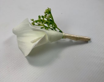 Artificial Flower Buttonhole /  White Lily Boutonniere / Artificial White Real Touch Calla Lily Button Hole