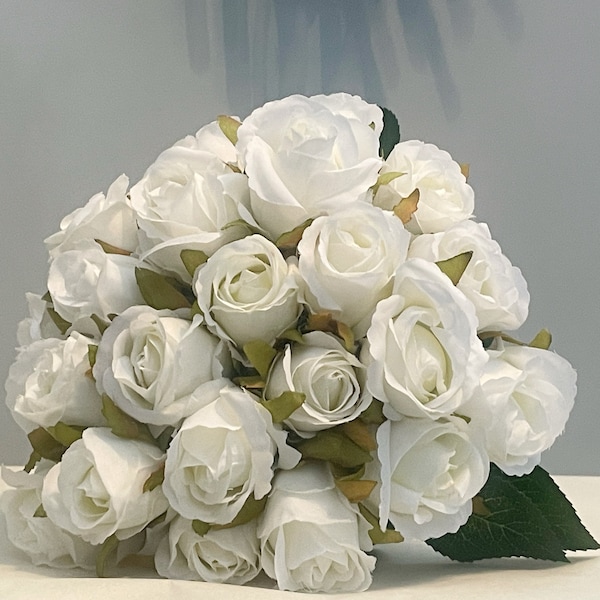 White Rose Bouquet - Artificial Silk Flowers For Wedding Anniversary Birthday | Claire De Fleurs
