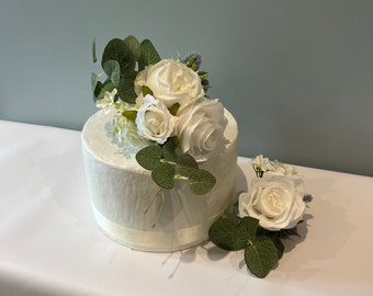 White Rose Greenery Blue Thistle Cake Flowers - Artificial Silk Flowers For Wedding Anniversary Birthday | Claire De Fleurs