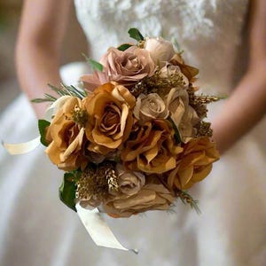 Gold & Burnt Orange Wedding Bouquet: Handmade Silk Flower Arrangement