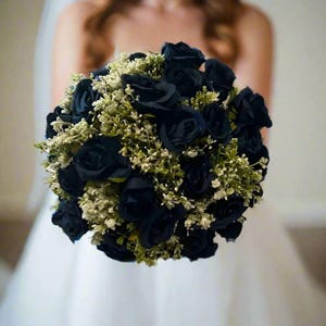 Navy Rose And Gypsophila Wedding Bridal Bouquet - Artificial Silk Flowers| Claire De Fleurs