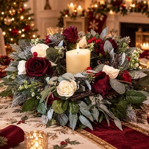May include: A circular holiday centerpiece featuring a central cream-colored pillar candle surrounded by deep red and white roses, green eucalyptus leaves, frosted pine needles, and small red berries arranged on a dark twig base.