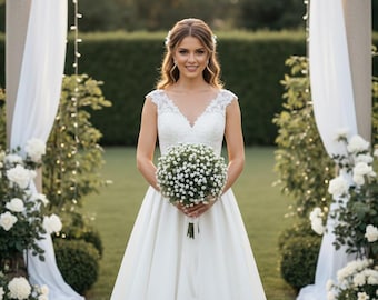 May include: A white floor-length wedding dress with a V-neckline, lace cap sleeves, and a full skirt. The dress features a fitted bodice and a long train. A round bouquet of small white flowers is held in front of the waist of the dress.