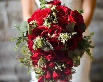 Red Rose Bridal Bouquet - Artificial Silk Flowers For Wedding Anniversary Birthday | Claire De Fleurs