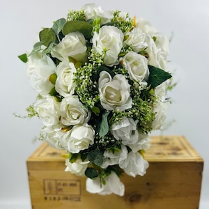 Artificial White Rose And Gypsophila Bouquet  - Silk Bridal Arrangement | Claire De Fleurs