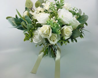 Handmade White Rose Wedding Bouquet Bridal Flowers- Artificial Silk Flowers For Wedding Anniversary  | Claire De Fleurs