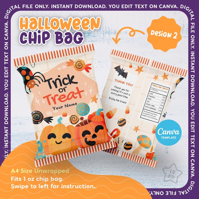 Halloween Editable Chip Bag Bundle, Canva Template, Party Supplies