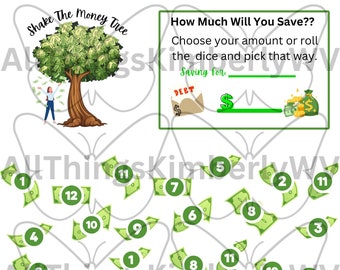 Shake The Money Tree Savings Challenge, Full Size with A6 Dashboards in Vertical and Horizontal, Free Balance Trackers in 2 sizes