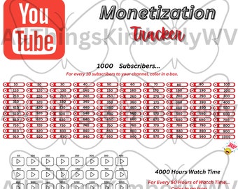 YouTube Monetization Tracker 1K, Track Your First 1000 Subscribers and 4000 Watch Hours, Instant Download, Digital