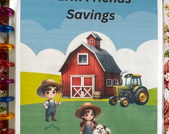 Libro de desafíos de ahorro de Farm Friends: 17 PÁGINAS COMPLETAS - 12 desafíos (algunos tienen 2 páginas) Escenas de calcomanías, paneles, marcadores y página de bolsillo