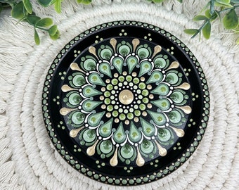 Handmade Mandala Ring Dish, Earthy Greens and Gold with Mandala Design, Boho Maximalist, 4.5” Diameter, Jewelry Holder