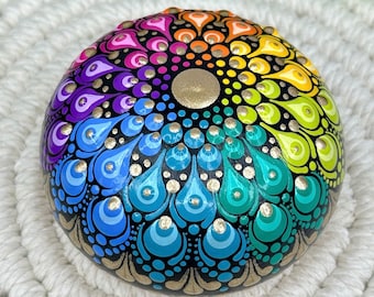 Rainbow Mandala Art Stone, Handmade and Hand Painted Decorative Stone, 3” Diameter