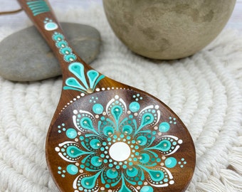 Hand Painted Wooden Spoon, Sea Green Mandala Design, Boho Kitchen Decor