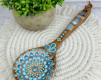 Hand Painted Wooden Spoon, Blue Mandala Design, Boho Kitchen Decor