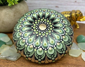 Earthy Shades of Green Mandala Art Stone, Handmade and Hand Painted Decorative Stone, 4” Diameter