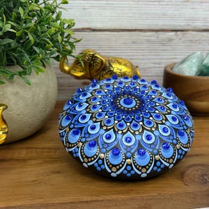 Mandala Stone in Shades of Blue, Painted Art Stone, Handmade with Glass Rhinestones, Decorative Stone, 4” Diameter