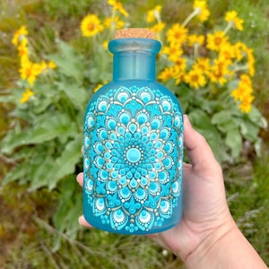 Painted 6” Glass Bottle, Frosted Aqua Blue with Mandala Design, Cork Topper