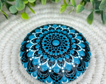 Turquoise and Black Mandala Art Stone, Small Handmade and Hand Painted Decorative Stone, 3” Diameter