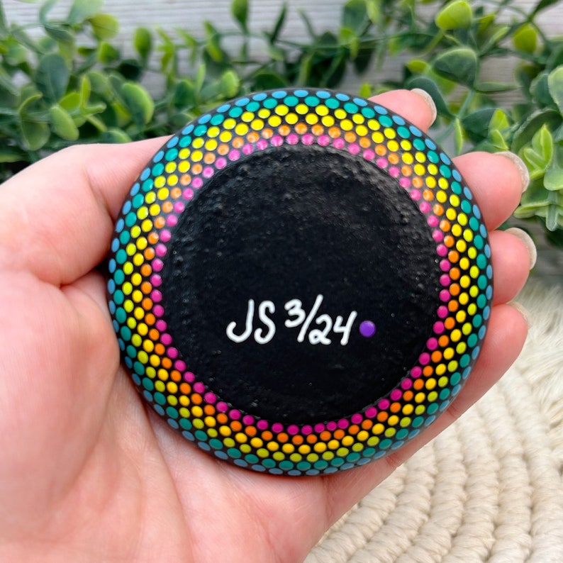 Rainbow Mandala Art Stone, Small Handmade and Hand Painted Decorative Stone, 3 Diameter image 6