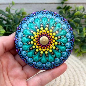 Rainbow Mandala Art Stone, Small Handmade and Hand Painted Decorative Stone, 3 Diameter image 5