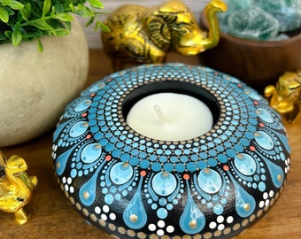 Hand Painted Tea Light Holder, Handmade Candle Holder, 4” Diameter with Turquoise Mandala Design