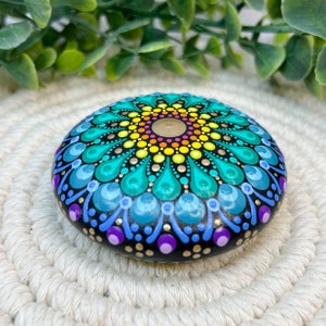 Rainbow Mandala Art Stone, Small Handmade and Hand Painted Decorative Stone, 3 Diameter image 3