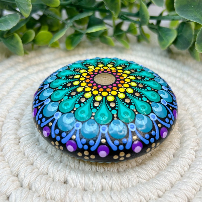 Rainbow Mandala Art Stone, Small Handmade and Hand Painted Decorative Stone, 3 Diameter image 3