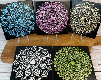 Hand Painted Ceramic Tile Art, 4.25” Tiles with Mandala Designs, Green, Blue, White, Fuchsia, and Gold