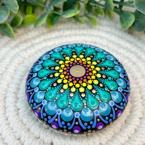 Rainbow Mandala Art Stone, Small Handmade and Hand Painted Decorative Stone, 3 Diameter image 1