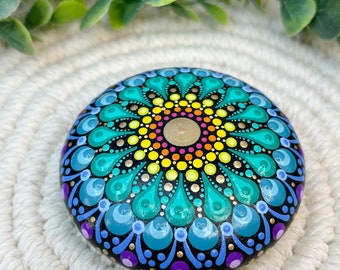 Rainbow Mandala Art Stone, Small Handmade and Hand Painted Decorative Stone, 3” Diameter