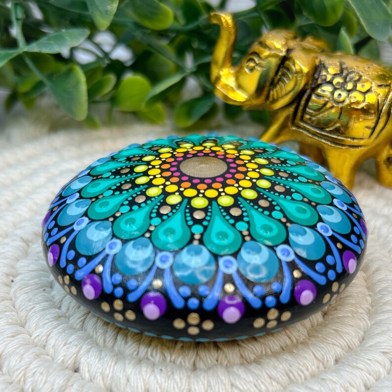 Rainbow Mandala Art Stone, Small Handmade and Hand Painted Decorative Stone, 3 Diameter image 9