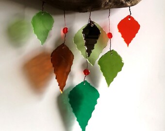 Decoración de pared pequeña, Decoración de jardín, Campana de viento de vidrio, Campanilla de viento de hojas multicolores, Decoración del hogar estilo Boho, Atrapasueños móvil, Decoración de ventanas